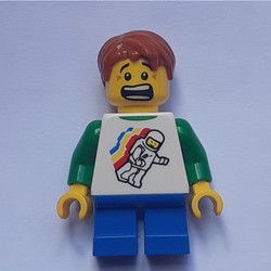 Boy, Floating Classic Spaceman on Shirt, Short Blue Legs, Dark Orange Hair