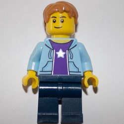 Man, Open Bright Light Blue Hoodie over Dark Purple Shirt with Star, Dark Blue Legs