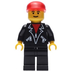 Man, Open Black Jacket over Red Shirt, Black Legs, Red Cap