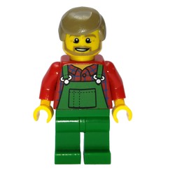 Man, Green Overalls over Red Shirt, Dark Tan Hair, Beard