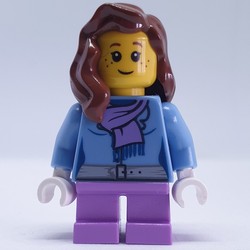 Girl, Medium Blue Jacket with Medium Lavender Scarf, Short Medium Lavender Legs, Reddish Brown Hair