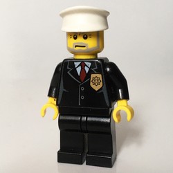 Policeman, Black Suit with Badge, White Hat, Gray Beard