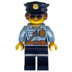 Policewoman, Bright Light Blue Shirt with Radio and Badge, Dark Blue Legs, Police Hat with Badge, Sunglasses