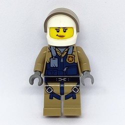 Policewoman, Dark Blue Vest over Dark Tan Jacket with Zipper and Badge, White Helmet with Visor