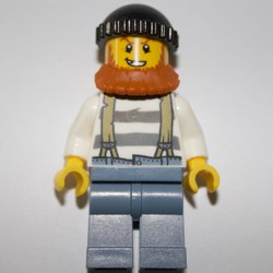 Criminal, Prison Shirt with Suspenders, Black Hat, Dark Orange Beard