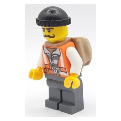 Criminal, Open Orange Safety Vest Over Prison Shirt, Black Hat, Moustache