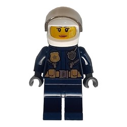 Policewoman, Dark Blue Jacket with Radio, Badge, and Belt with Pouches, White Helmet with Trans-Brown Visor