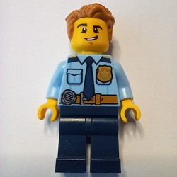 Policeman, Bright Light Blue Shirt with Dark Blue Tie, Badge, and Radio on Belt, Medium Nougat Hair