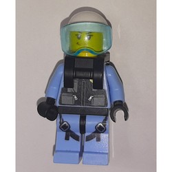 Policewoman, Black Vest with Badge and Pouches over Bright Light Blue Shirt, White Helmet with Visor, Neck Bracket