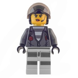 Criminal, Woman, Open Dark Bluish Gray Jacket with Zipper over Prison Shirt, Black Helmet with Visor