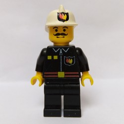 Fireman, Black Fire Jacket with Red Belt and Badge, White Helmet with Fire Logo, Moustache