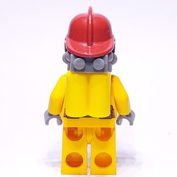 Fireman, Bright Light Orange Fire Suit, Dark Red Helmet, Breathing Apparatus, Airtanks, Sweat Drops
