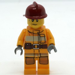 Fireman, Bright Light Orange Fire Suit, Dark Red Helmet, Sweat Drops