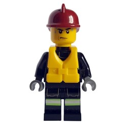 Fireman, Black Fire Suit with Gauge and Straps, Dark Red Helmet, Yellow Life Vest, Sweat Drops