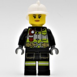 Firewoman, Black Fire Suit with Gauge and Straps, White Helmet