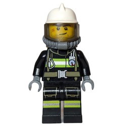 Fireman, Black Fire Suit with Gauge and Straps, White Helmet, Breathing Apparatus, Airtanks, Stubble and Scar