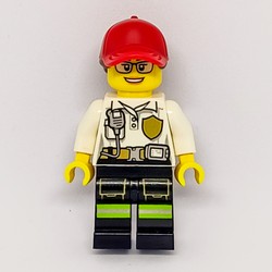 Firewoman, White Polo Shirt with Radio and Badge, Red Cap with Hair, Glasses