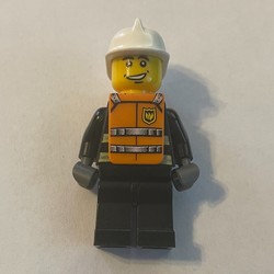 Fireman, Black Fire Jacket with Reflective Stripes, Radio, and Badge, White Helmet, Orange Vest