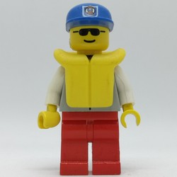 Coast Guard, Light Gray Jacket with Zipper and Badge, Blue Cap with Badge, Yellow Life Vest, Sunglasses
