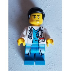 Doctor, White Lab Coat over Dark Azure Scrubs with ID Badge and Stethoscope, Black Hair