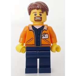 Man, Open Orange Jacket over Dark Blue Shirt, Reddish Brown Hair, Goatee Beard