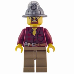 Miner, Dark Red Flannel Shirt, Dark Tan Legs, Mining Hat, Goatee Beard and Goggles