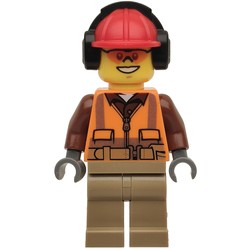 Construction Worker Rob, Orange Safety Vest with Zipper over Reddish Brown Shirt, Dark Tan Legs, Red Hard Hat with Ear Defenders, Orange Safety Glasses