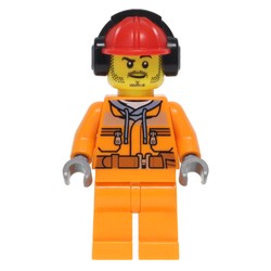 Construction Worker, Safety Jacket over Hoodie with Belt, Orange Legs, Red Hard Hat with Ear Defenders, Stubble
