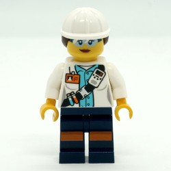 Miner, Woman, Open White Jacket with Shoulder Belt and ID Badge, White Hard Hat with Hair, Safety Glasses