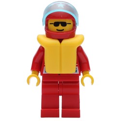 Racer, Red Jacket with Octan Logo and 'RACING', Red Legs, Red Helmet with Star and Visor, Yellow Life Vest, Sunglasses