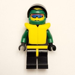Racer, Extreme Team, Black Jacket, Black Legs, Green Helmet with Visor, Yellow Life Vest, Blue Sunglasses
