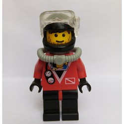 Diver, Man, Red Wetsuit, Black Helmet with Mask, Airtank, Stubble