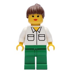 Woman, White Shirt with Pockets, Green Legs, Brown Hair