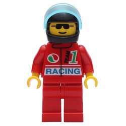 Racer, Red Jacket with Octan Logo and 'RACING', Red Legs, Black Helmet with Visor, Sunglasses