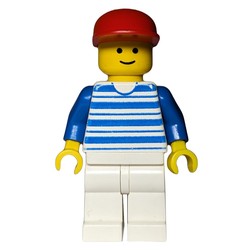 Man, White and Blue Striped Shirt, White Legs, Red Cap