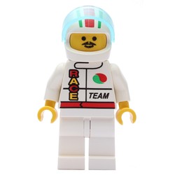 Racer, White Jacket with Octan Logo and 'RACE' and 'TEAM', White Helmet with Stripes and Visor, Moustache