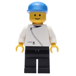 Man, White Jacket with Zipper, Black Legs, Blue Cap