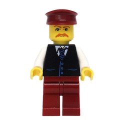 Man, Black Vest over White Shirt with Tie, Dark Red Legs, Dark Red Hat, Moustache