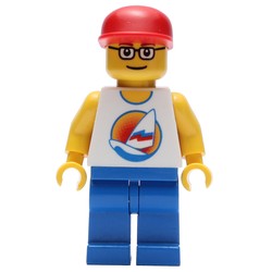 Man, White Tank Top with Windsurfer, Blue Legs, Red Cap, Glasses