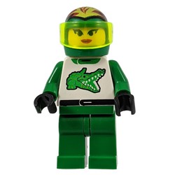 Racer, Woman, Green and White Outfit with Crocodile, Green Helmet with Flames and Visor