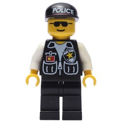 Policeman, Black Vest with Badge and Pockets, Black Cap with 'POLICE', Sunglasses
