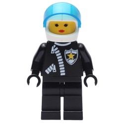 Policewoman, Black Jacket with Zipper and Badge, White Helmet with Trans-Dark Blue Visor