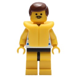Man, Blue and White Striped Swimsuit, Brown Hair, Yellow Life Vest, Moustache