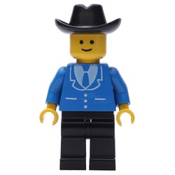 Man, Blue Jacket with Tie and Three Buttons, Black Legs, Black Cowboy Hat (3626b Head)