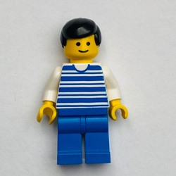 Man, White and Blue Striped Shirt, Blue Legs, Black Hair