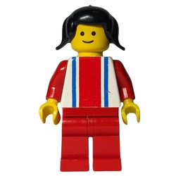 Woman, White Top with Large Red Stripe and 2 Blue Stripes, Red Legs, Black Pigtails Hair