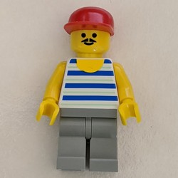Man, Blue and White Striped Tank Top, Red Cap, Moustache
