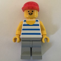 Man, Blue and White Striped Tank Top, Light Gray Legs, Red Cap, Moustache