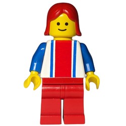 Woman, White Top with Large Red Stripe and 2 Blue Stripes, Red Legs, Red Hair