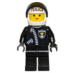 Paula - Policewoman, Black Jacket with Zipper and Badge, White Helmet with 'POLICE' and Visor